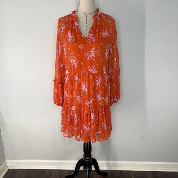 Vince Camuto Mini Short Floral Tiered Ruffle Shift Dress Orange NWT Sz M - Picture 1 of 10